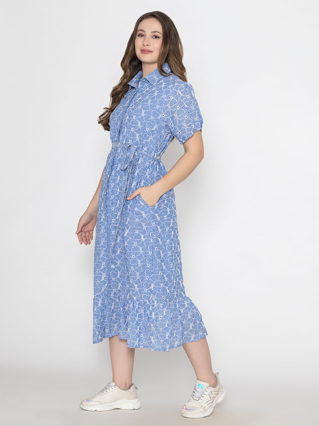 Blue-100%-Cotton-Collar-Neck-Maxi-Dress