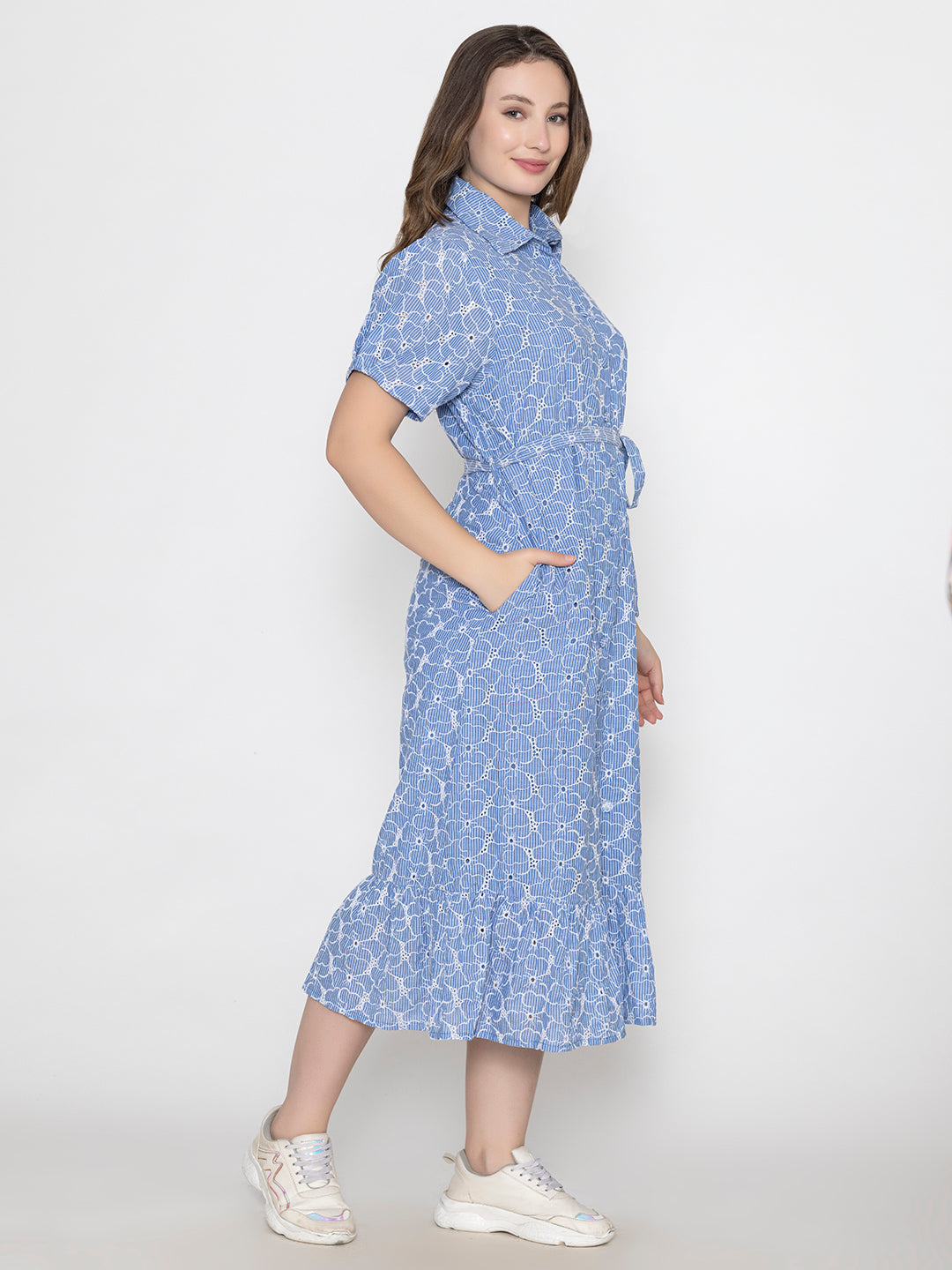 Blue-100%-Cotton-Collar-Neck-Maxi-Dress