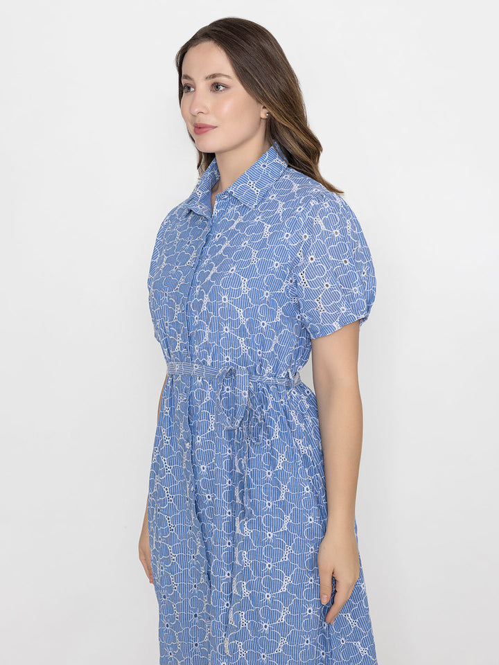 Blue-100%-Cotton-Collar-Neck-Maxi-Dress