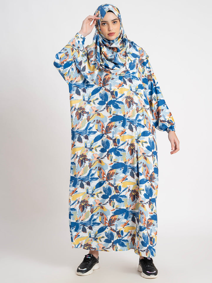 Blue 100% Viscose Printed Prayer Abaya Gown