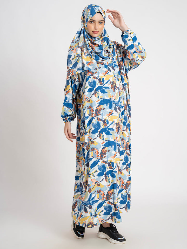 Blue 100% Viscose Printed Prayer Abaya Gown