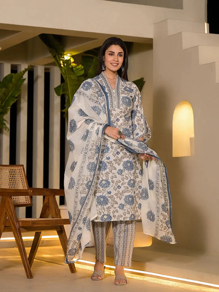 Blue-&-Off-White-Cotton-Floral-Print-3-Piece-Kurta-Set