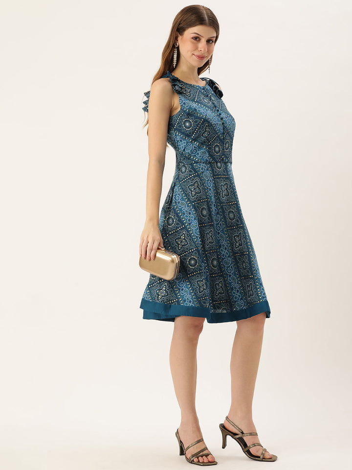 Blue-Art-Silk-Halter-Neck-Printed-Dress