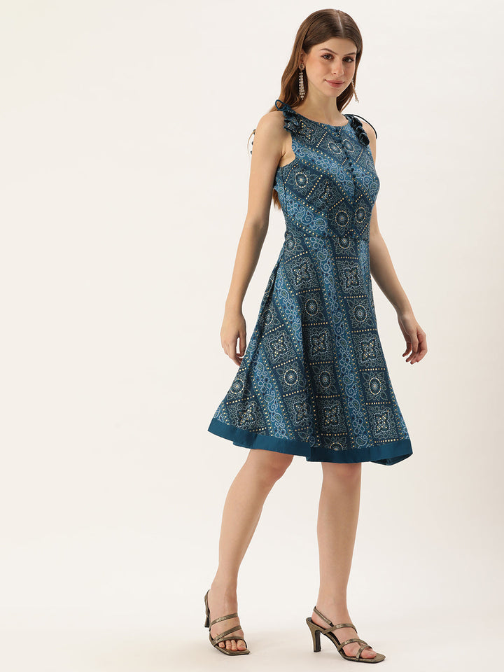 Blue-Art-Silk-Halter-Neck-Printed-Dress