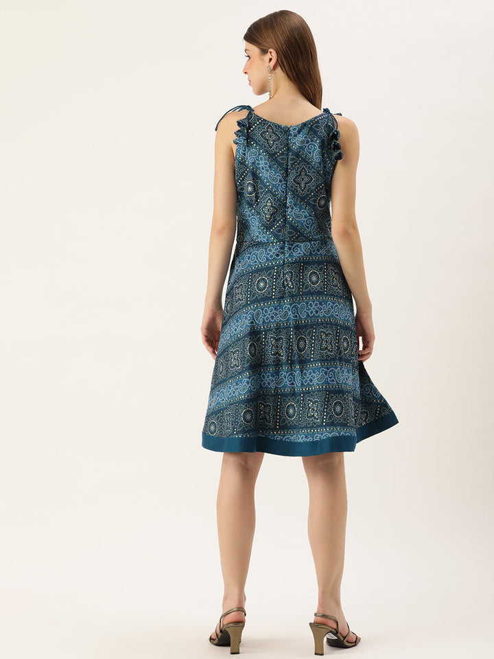 Blue-Art-Silk-Halter-Neck-Printed-Dress