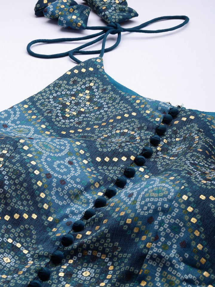 Blue-Art-Silk-Halter-Neck-Printed-Dress