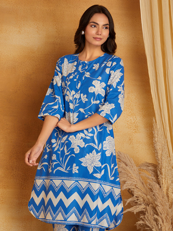 Blue Botanic Chevron Print Kurta with Pants (Set of 2)