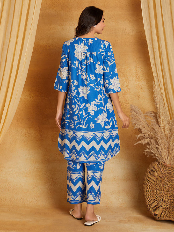 Blue Botanic Chevron Print Kurta with Pants (Set of 2)