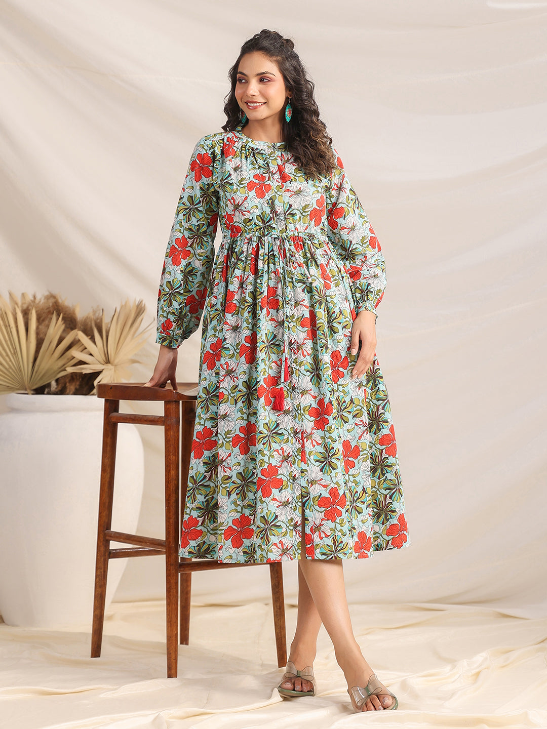 ZERESOUQ-Blue-Cambric-Floral-Print-Pleated-Dress