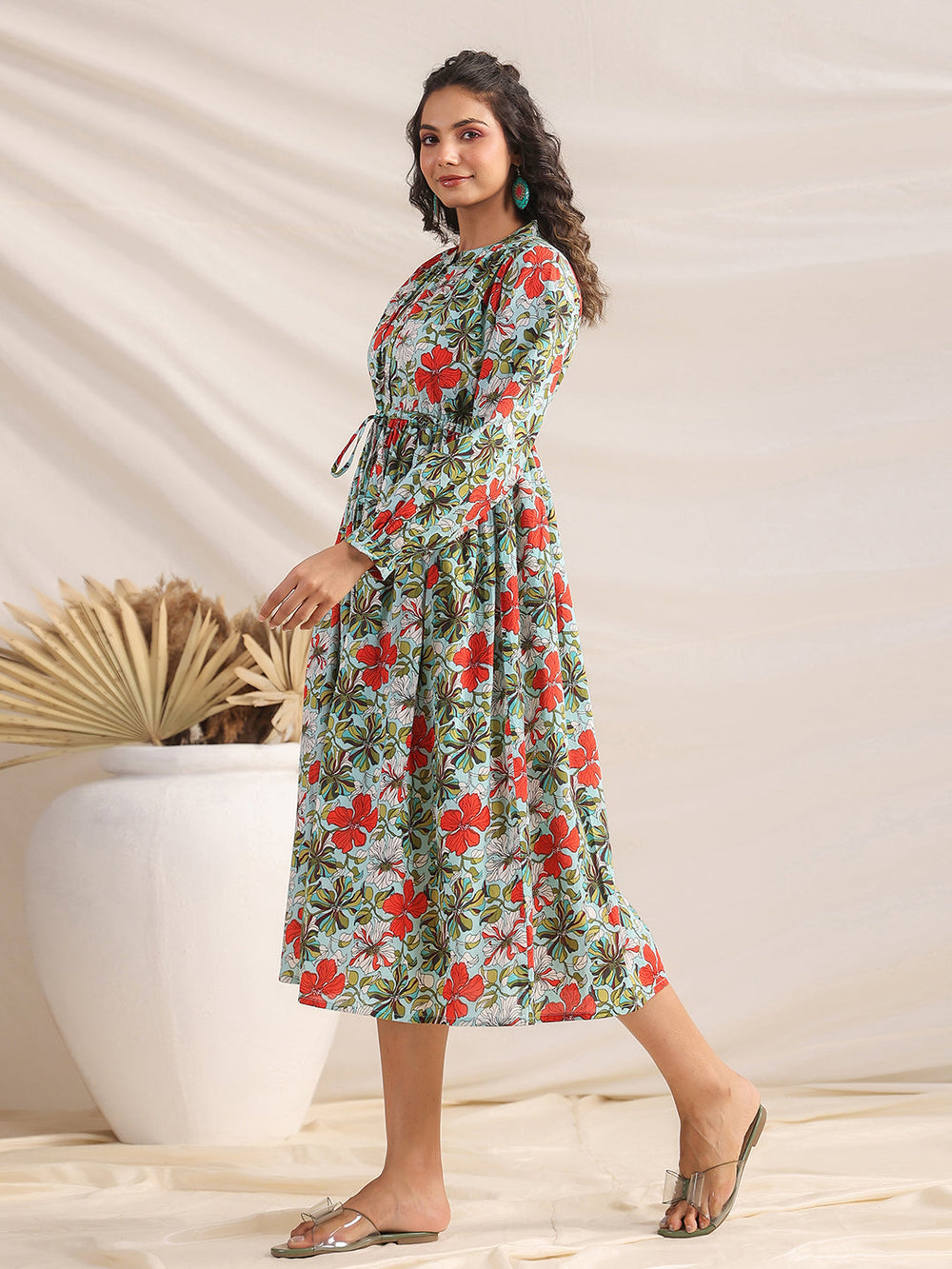 ZERESOUQ-Blue-Cambric-Floral-Print-Pleated-Dress