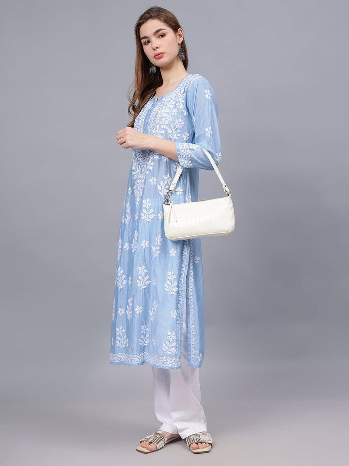 Blue-Chanderi-Embroidered-Chikankari-Kurti