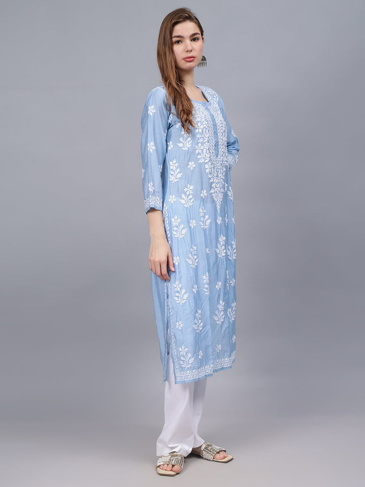 Blue-Chanderi-Embroidered-Chikankari-Kurti