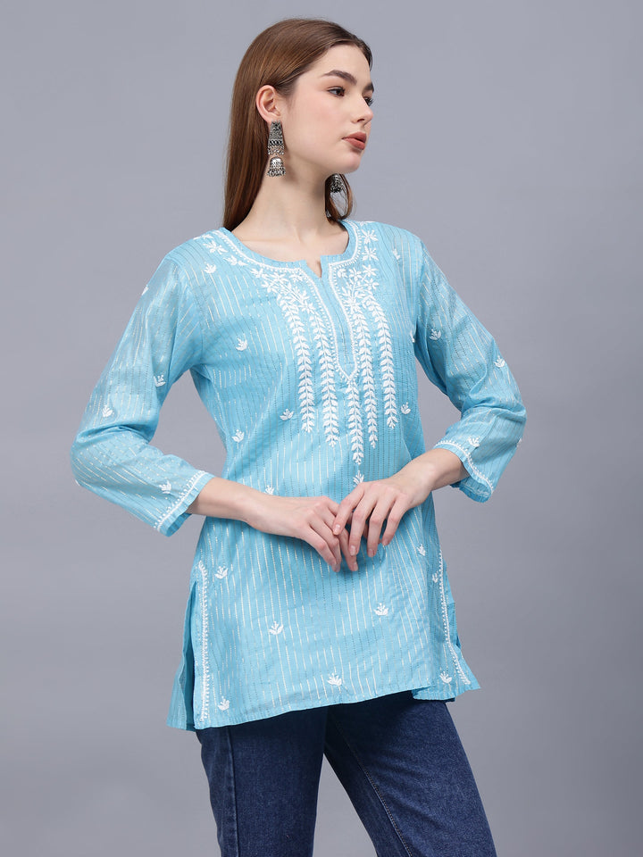 Blue-Chanderi-Embroidered-Chikankari-Tunic-With-Slip