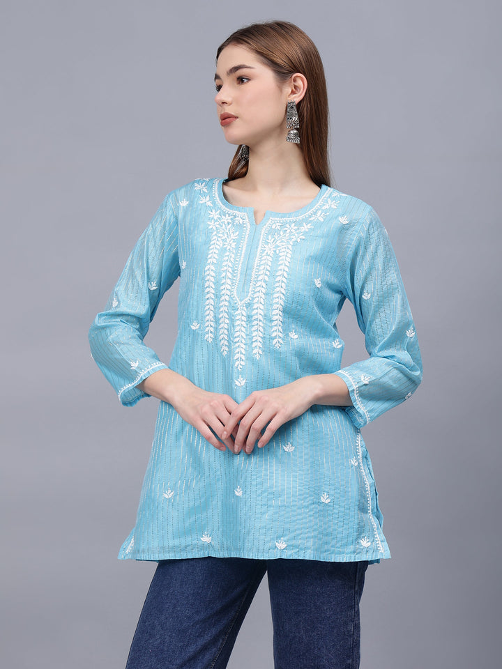 Blue-Chanderi-Embroidered-Chikankari-Tunic-With-Slip