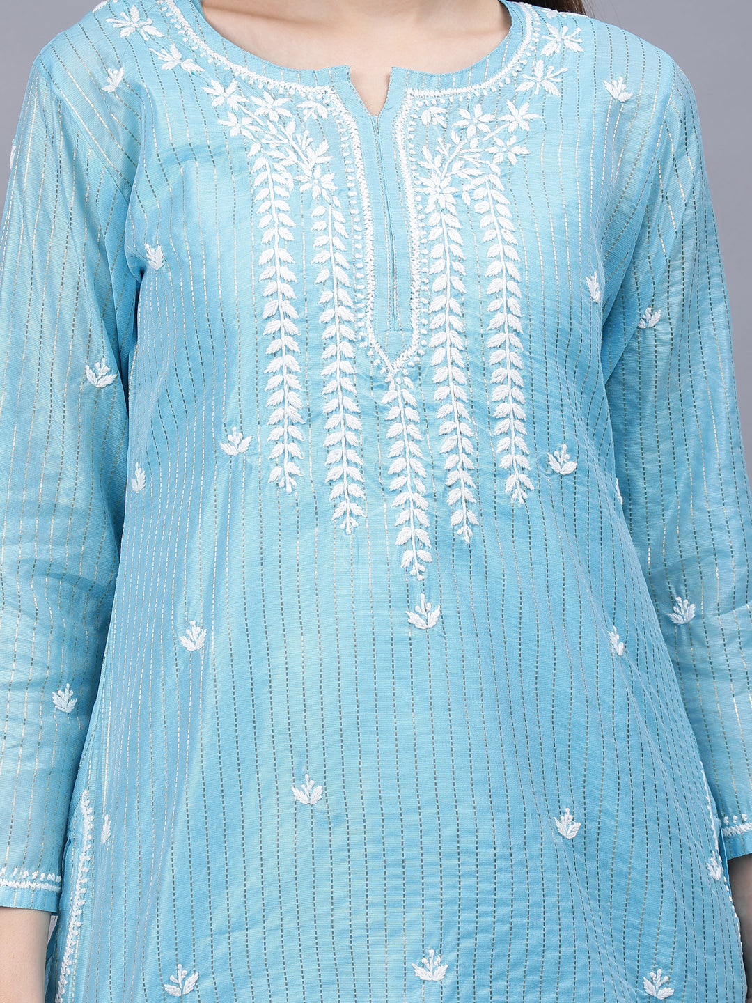 Blue-Chanderi-Embroidered-Chikankari-Tunic-With-Slip