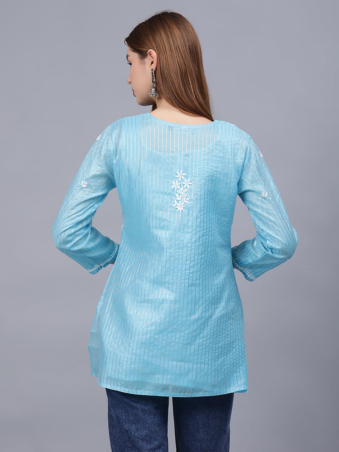 Blue-Chanderi-Embroidered-Chikankari-Tunic-With-Slip