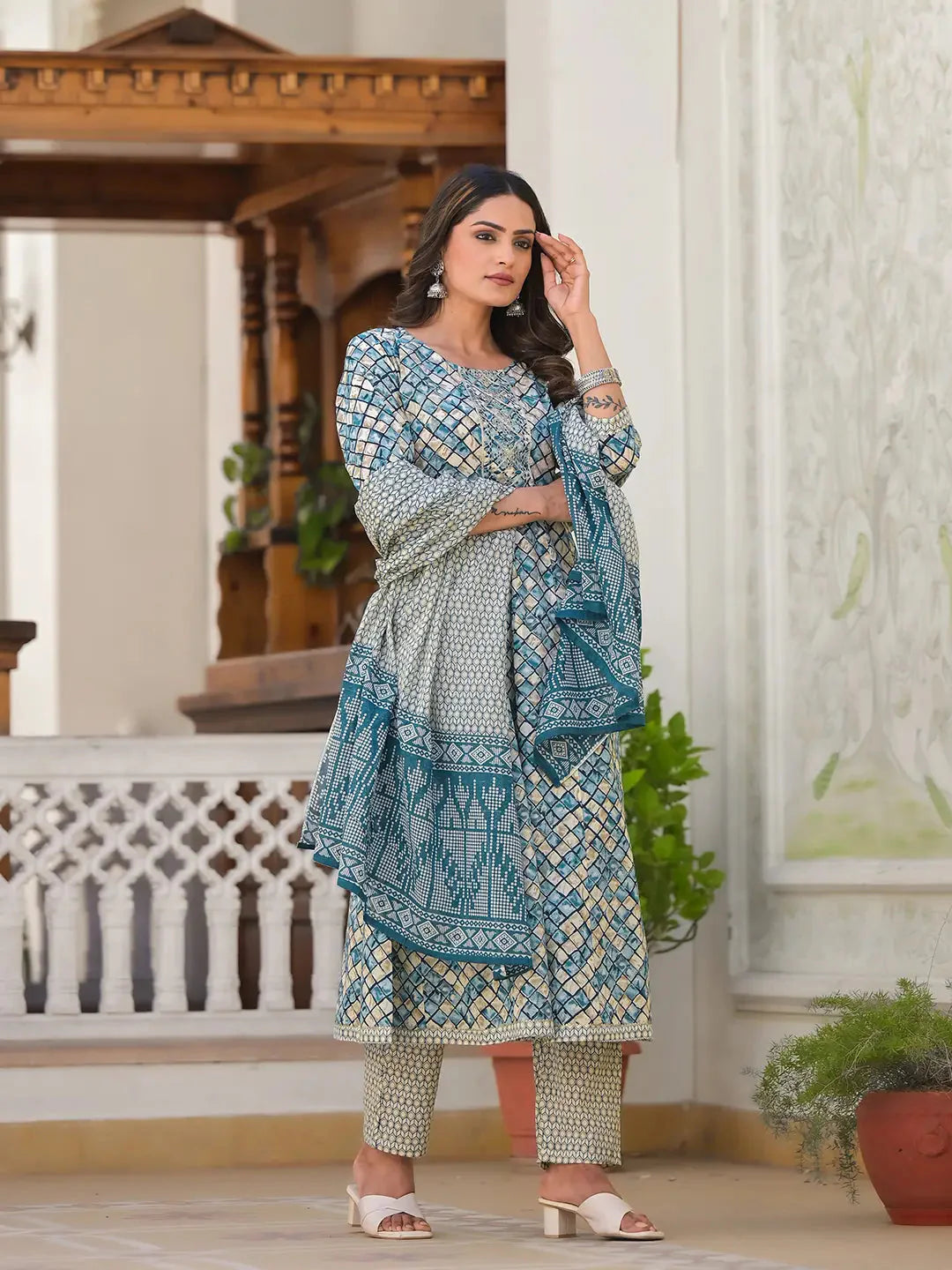 Blue-Cotton-Checkered-Printed-Anarkali-Set