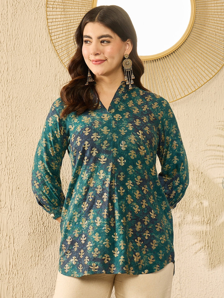 Blue Cotton Blend Ethnic Motifs Printed Tunic Top