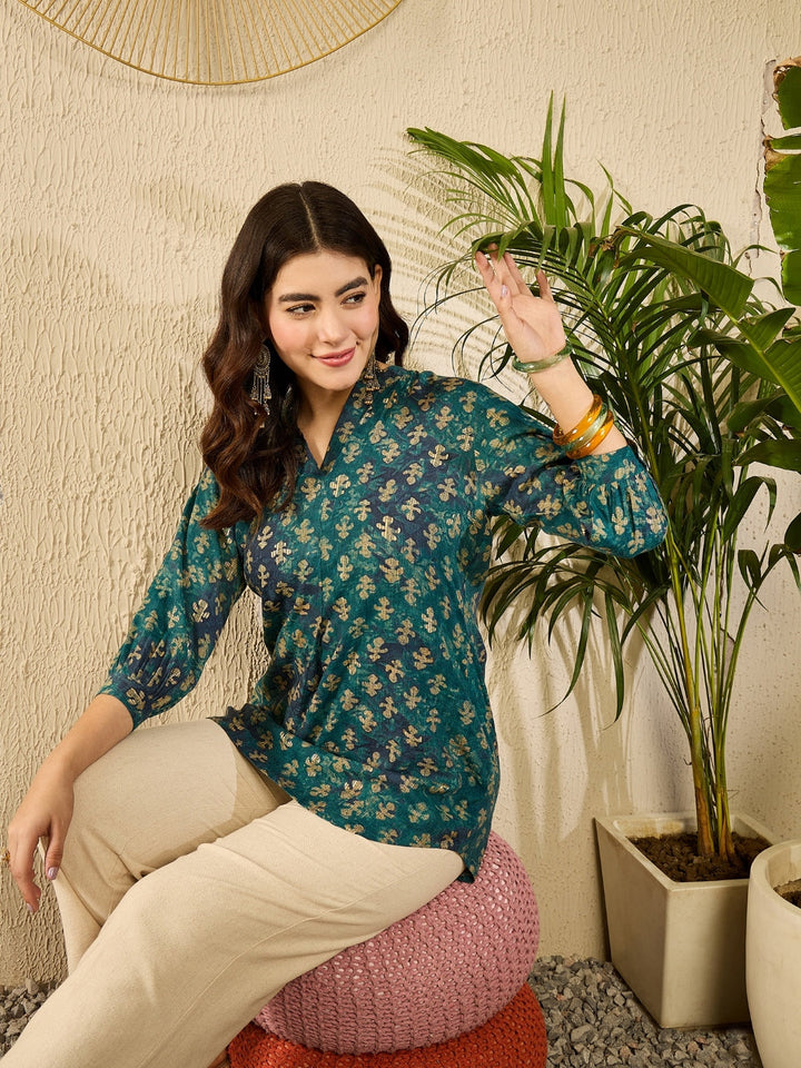 Blue Cotton Blend Ethnic Motifs Printed Tunic Top