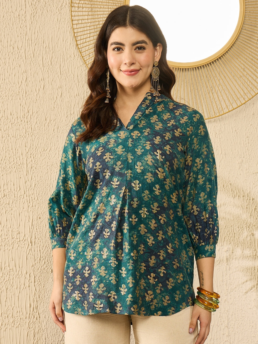 Blue Cotton Blend Ethnic Motifs Printed Tunic Top