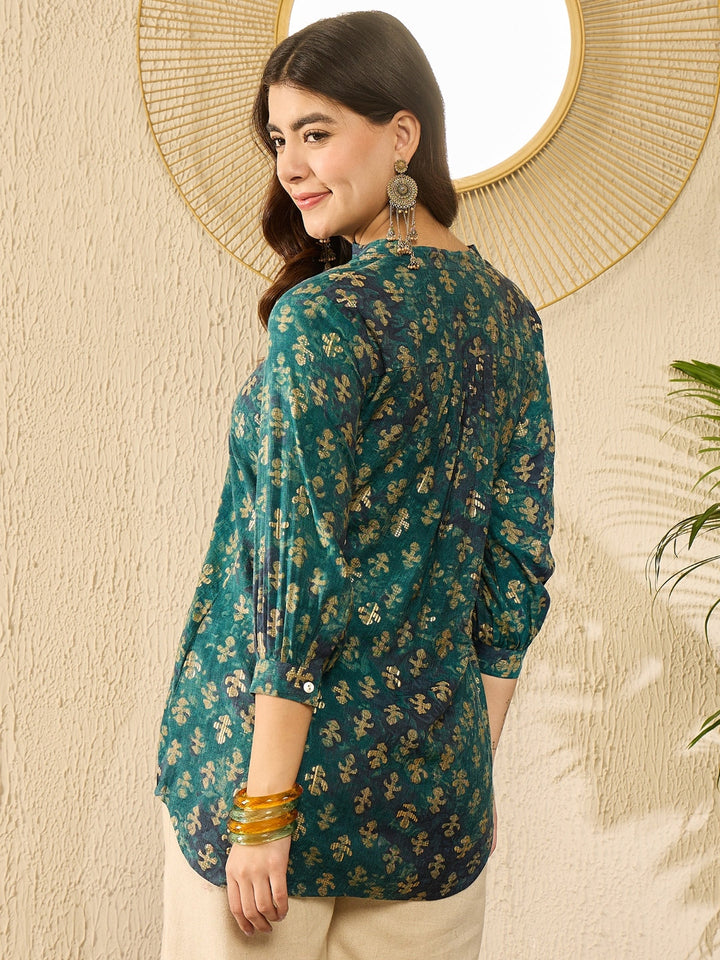 Blue Cotton Blend Ethnic Motifs Printed Tunic Top