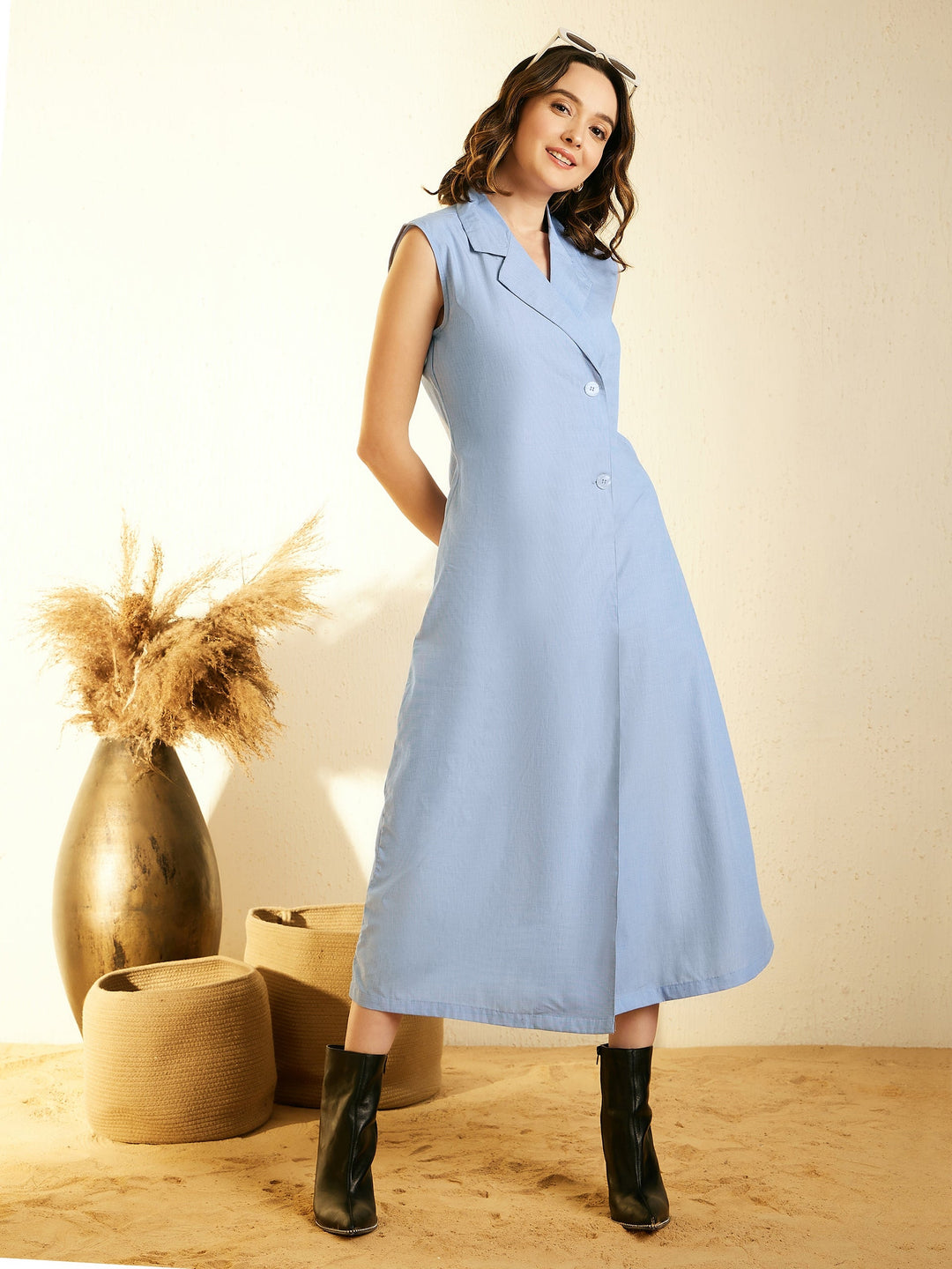 Blue-Cotton-Chambray-Dress-With-Lapel