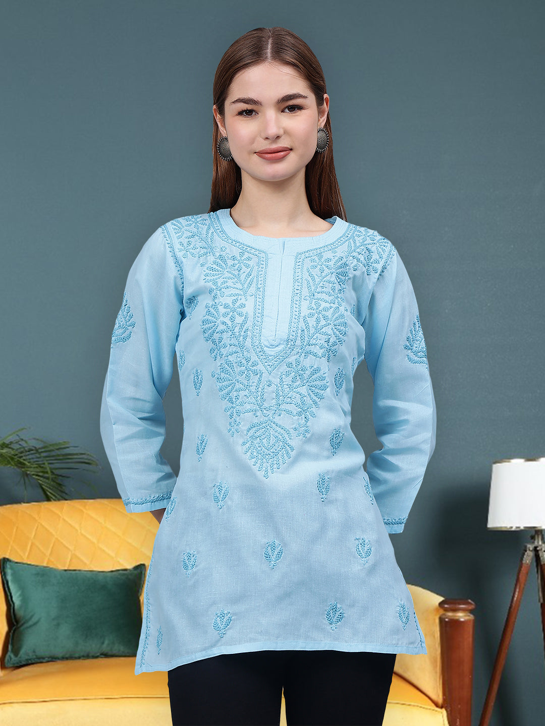 Blue-Cotton-Embroidered-Chikankari-Tunic