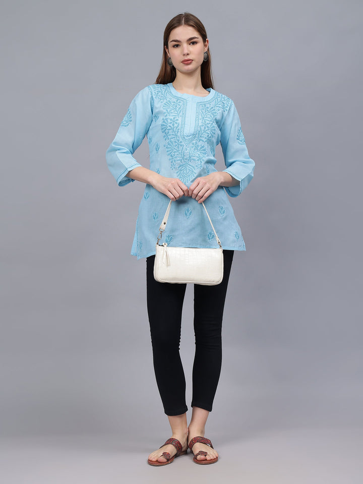 Blue-Cotton-Embroidered-Chikankari-Tunic