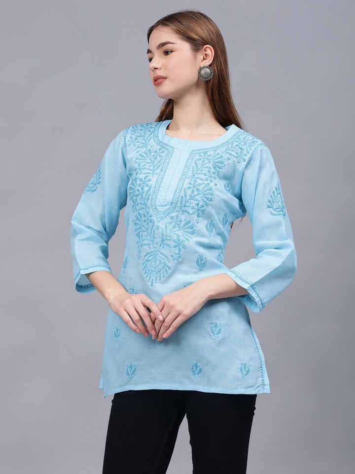 Blue-Cotton-Embroidered-Chikankari-Tunic