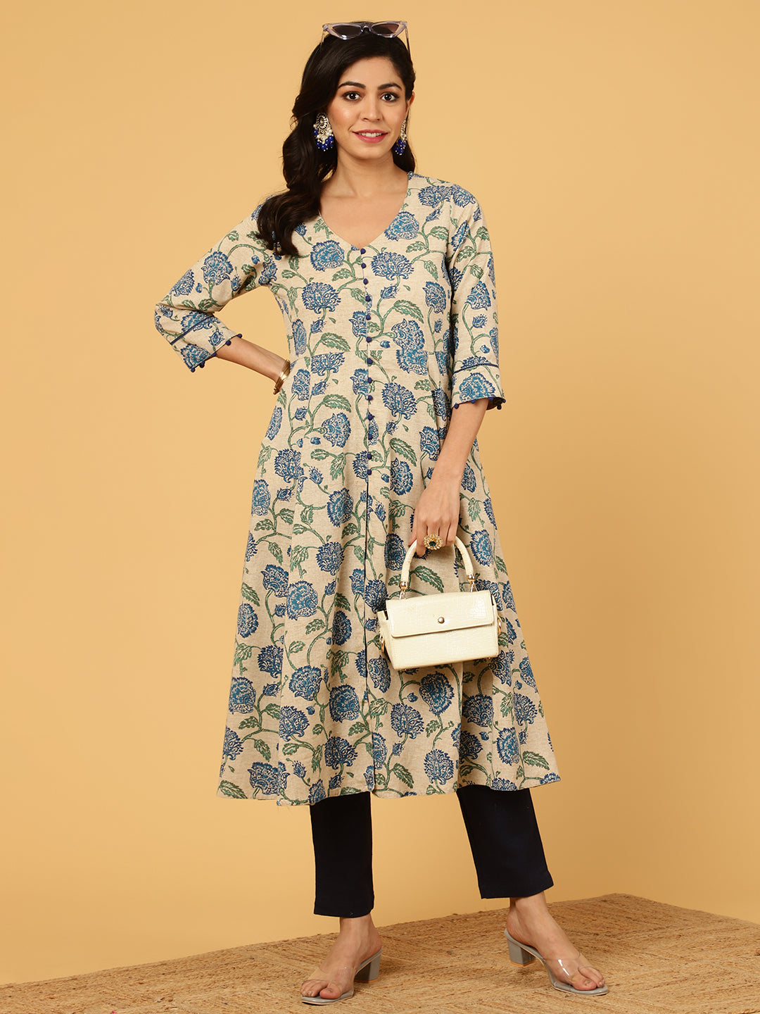 Blue-Cotton-Floral-Print-Lace-Work-Anarkali-Kurta