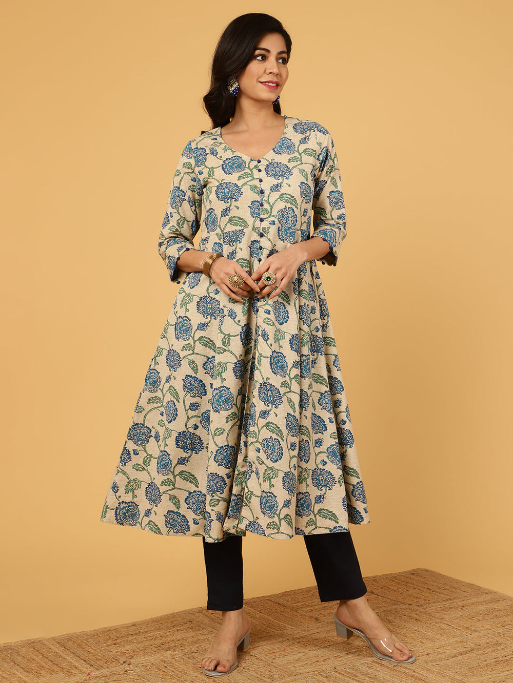 Blue-Cotton-Floral-Print-Lace-Work-Anarkali-Kurta
