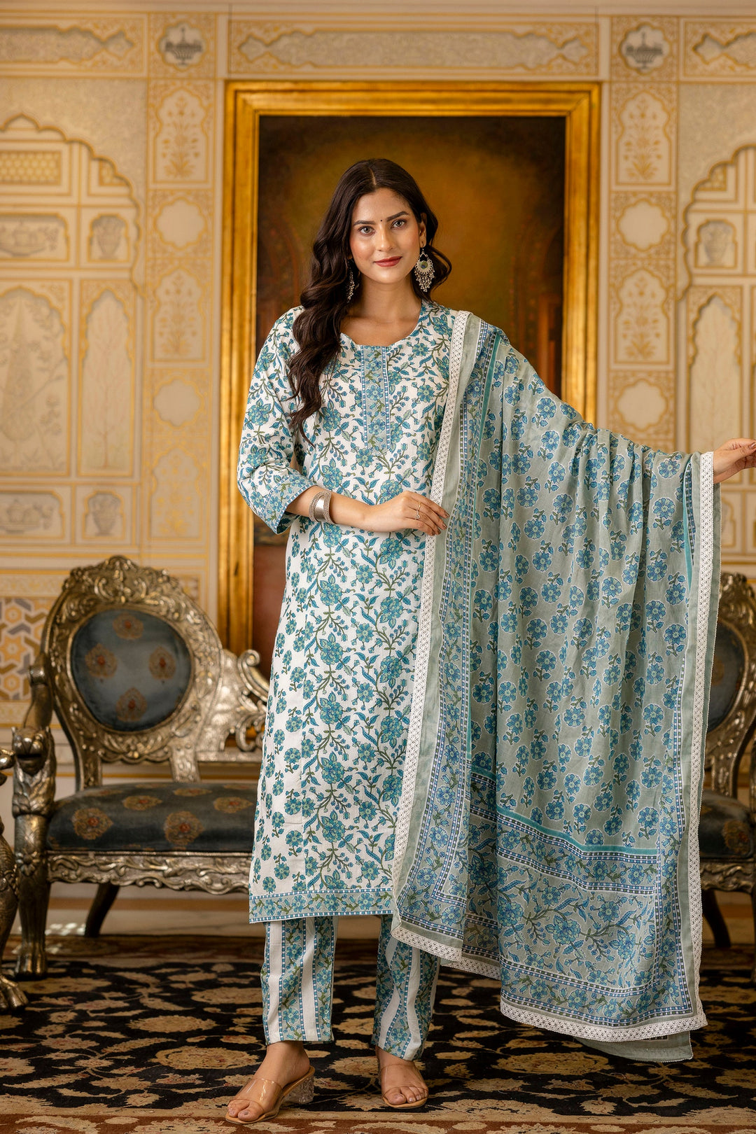 Blue-Cotton-Floral-Printed-3-Piece-Kurta-Set