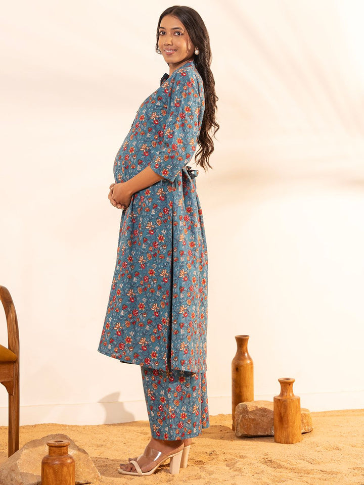 ZERESOUQ-Blue-Cotton-Floral-Printed-A-Line-2-Piece-Kurta-Set