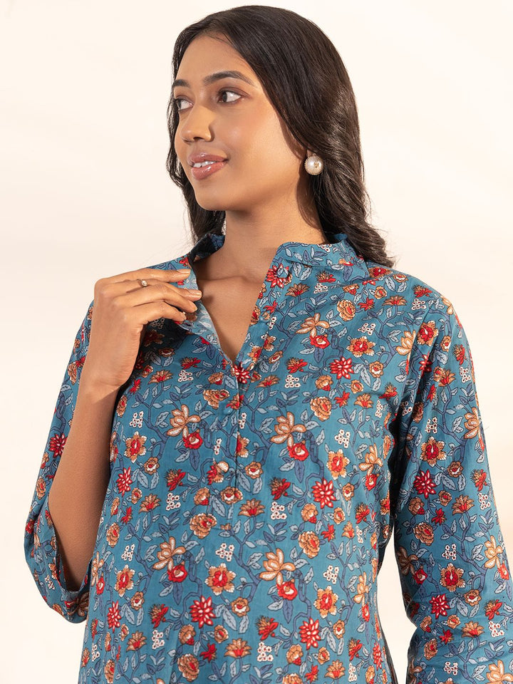 ZERESOUQ-Blue-Cotton-Floral-Printed-A-Line-2-Piece-Kurta-Set