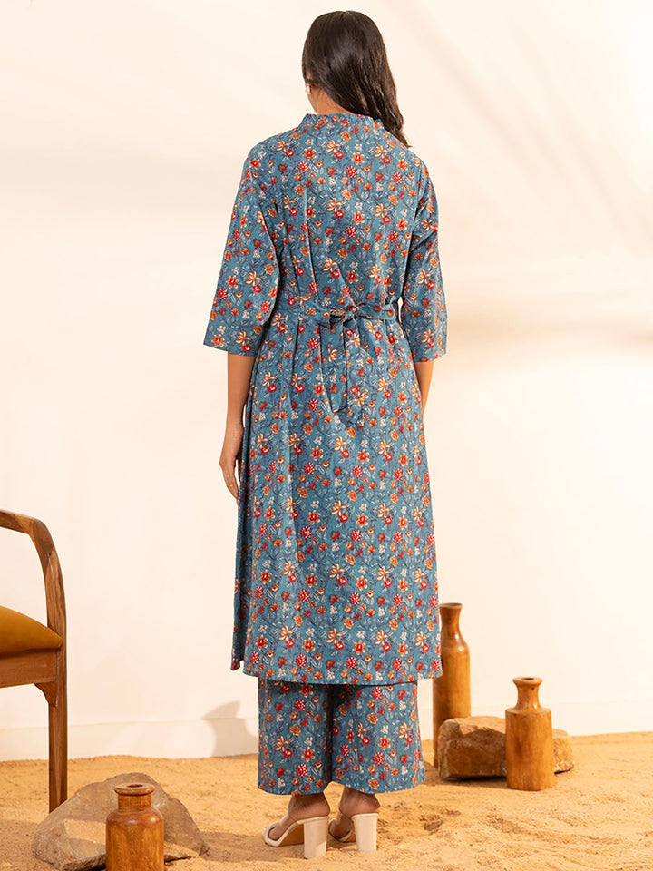 ZERESOUQ-Blue-Cotton-Floral-Printed-A-Line-2-Piece-Kurta-Set