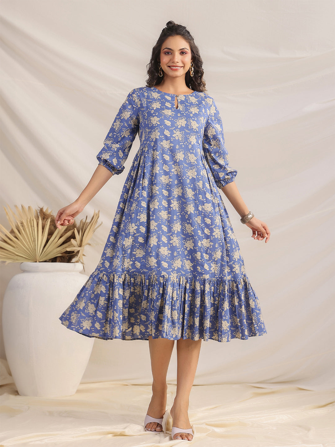 ZERESOUQ-Blue-Cotton-Floral-Printed-Dress