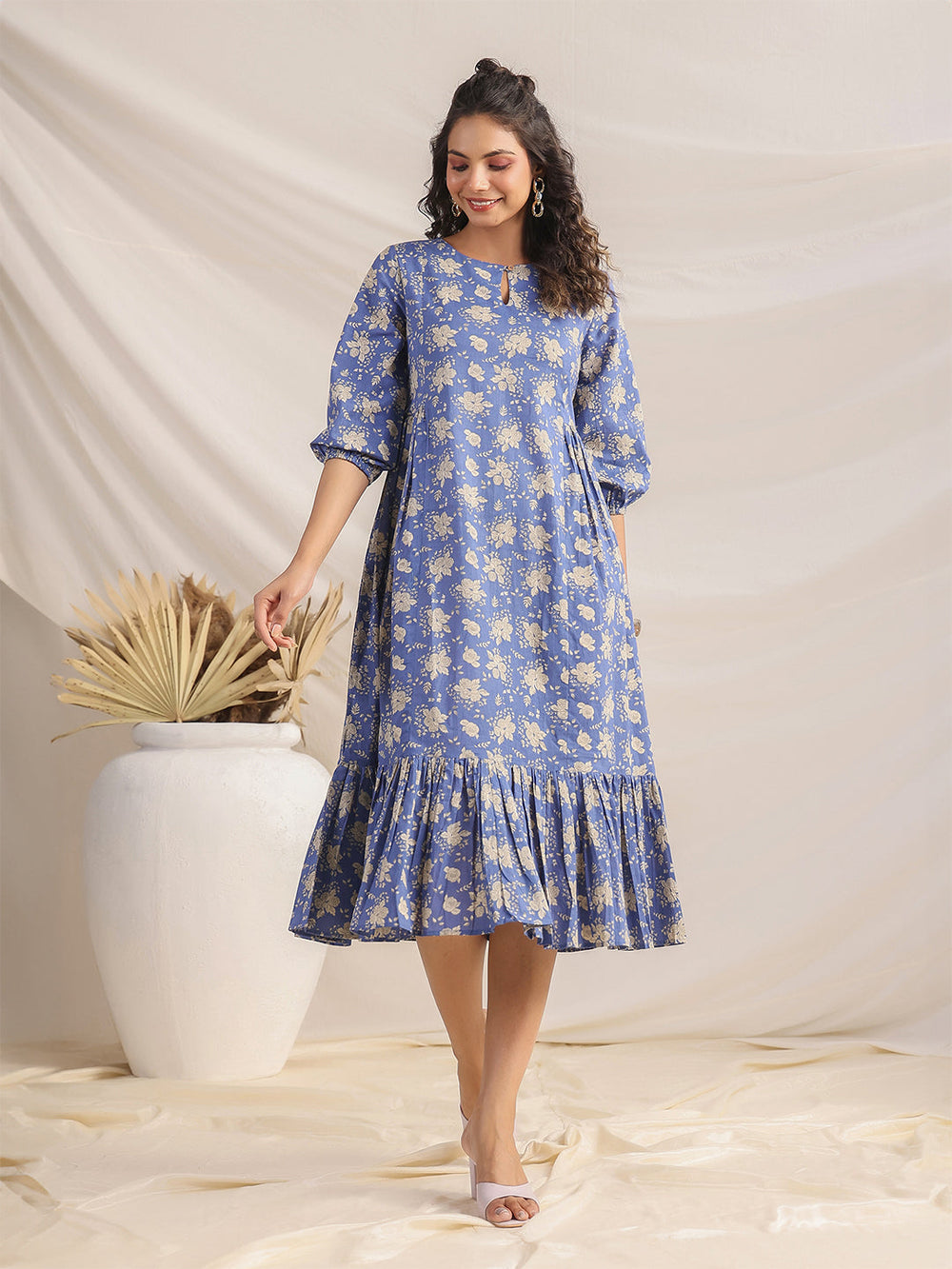 ZERESOUQ-Blue-Cotton-Floral-Printed-Dress