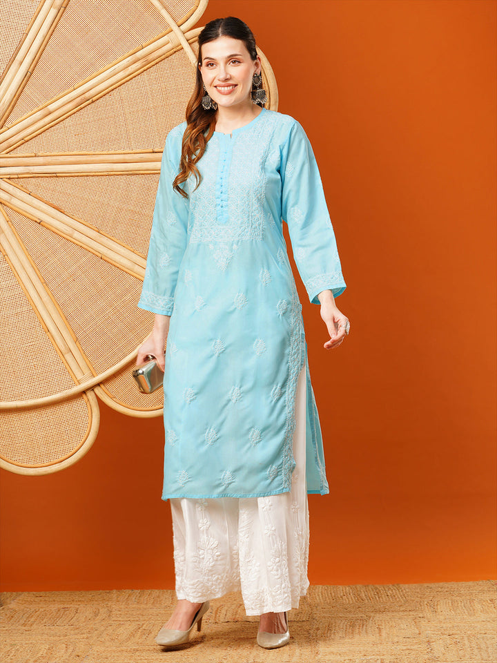 Blue-Cotton-Hand-Embroidered-Chikankari-Kurta