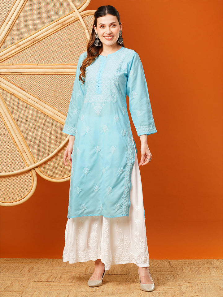 Blue-Cotton-Hand-Embroidered-Chikankari-Kurta