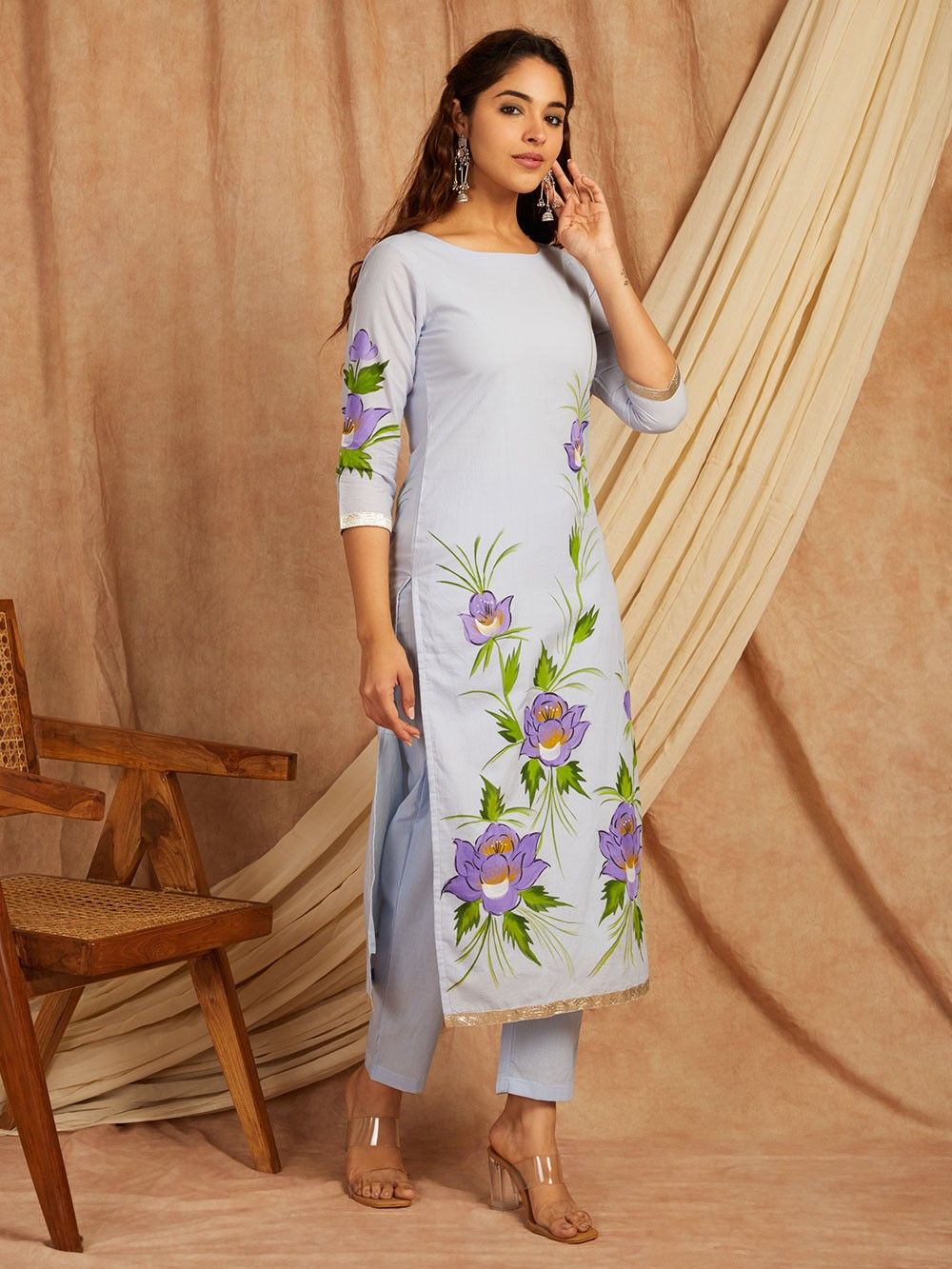 Blue-Cotton-Hand-Painted-Floral-3-Piece-Kurta-Set