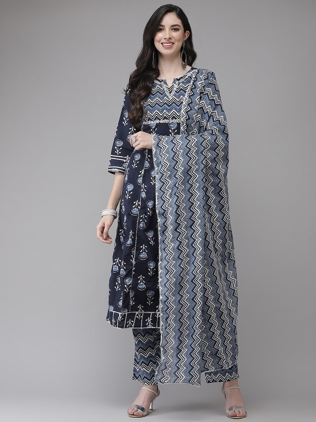 Blue-Cotton-Handblock-Printed-3-Piece-Kurta-Set