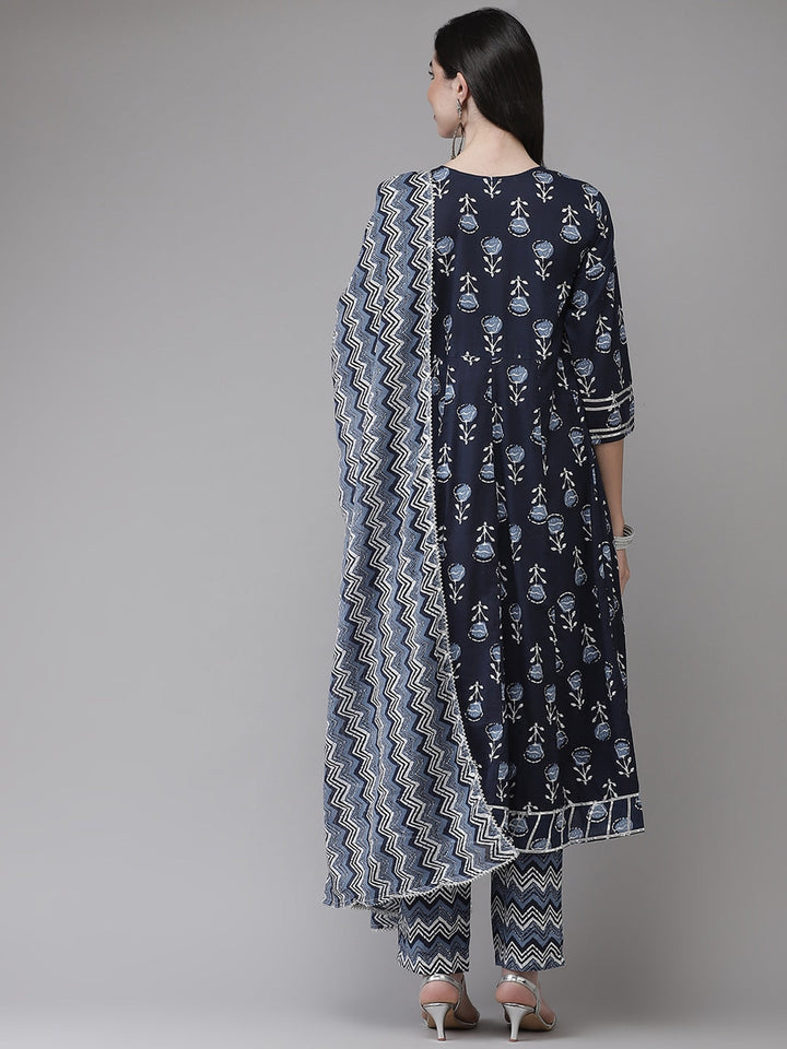 Blue-Cotton-Handblock-Printed-3-Piece-Kurta-Set