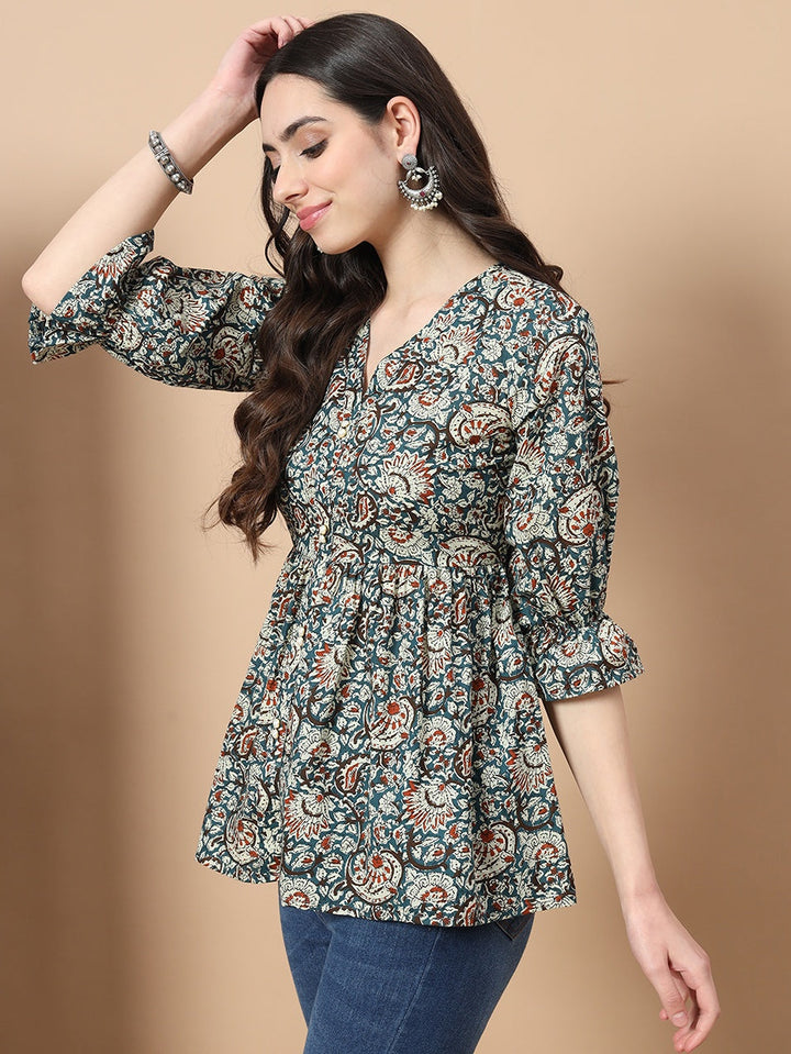 Blue-Cotton-Kalamkari-Peplum-Top