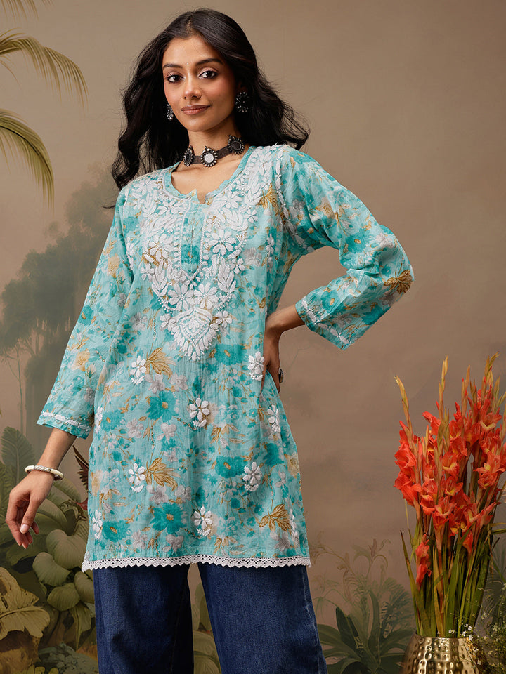 Blue Cotton Lucknowi Chikankari Tunic Only