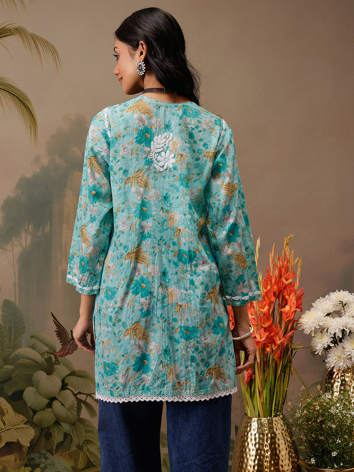 Blue Cotton Lucknowi Chikankari Tunic Only