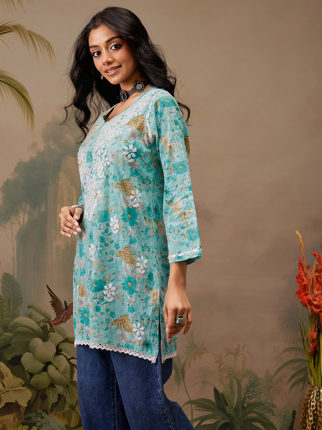 Blue Cotton Lucknowi Chikankari Tunic Only