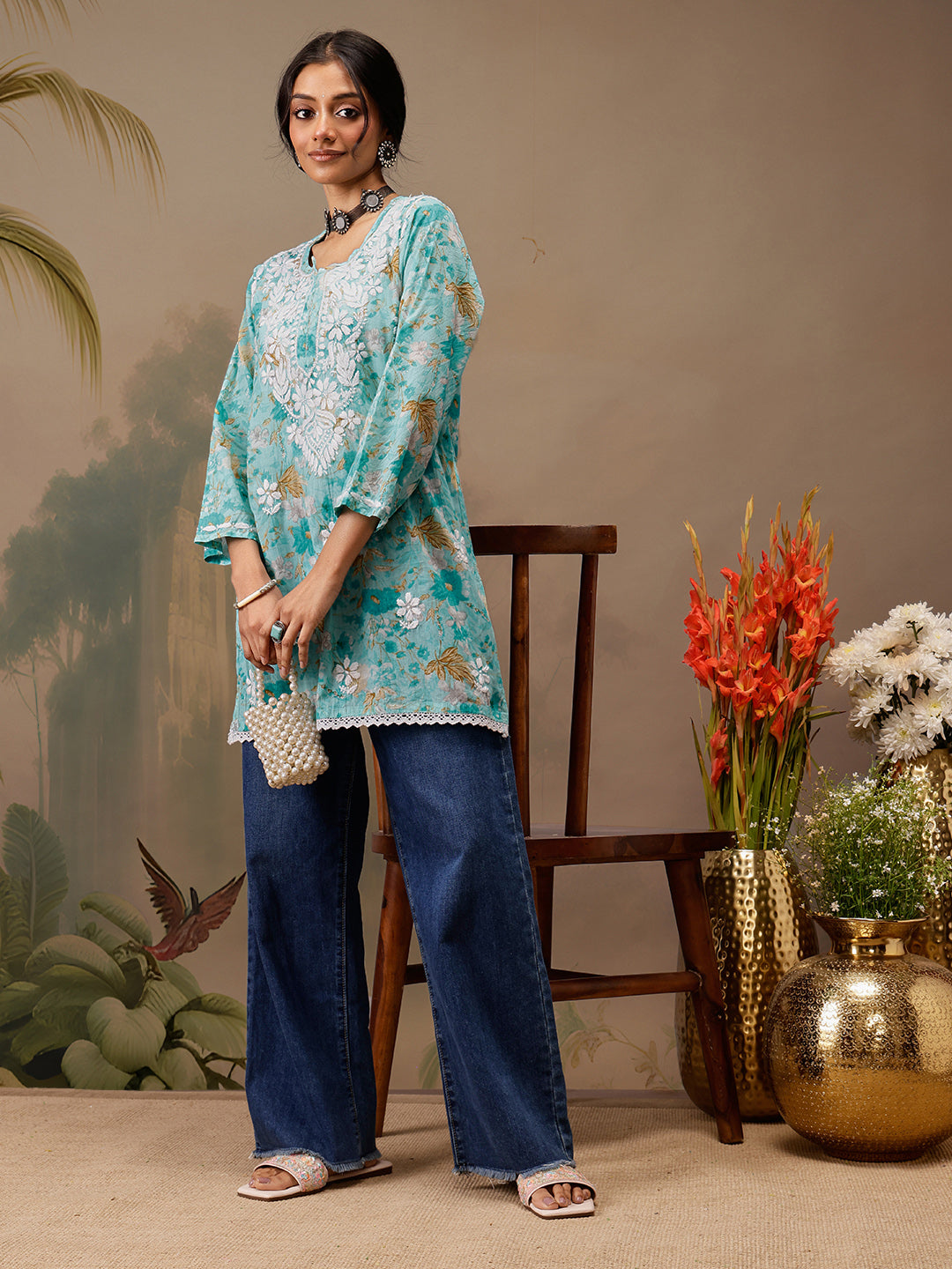 Blue Cotton Lucknowi Chikankari Tunic Only