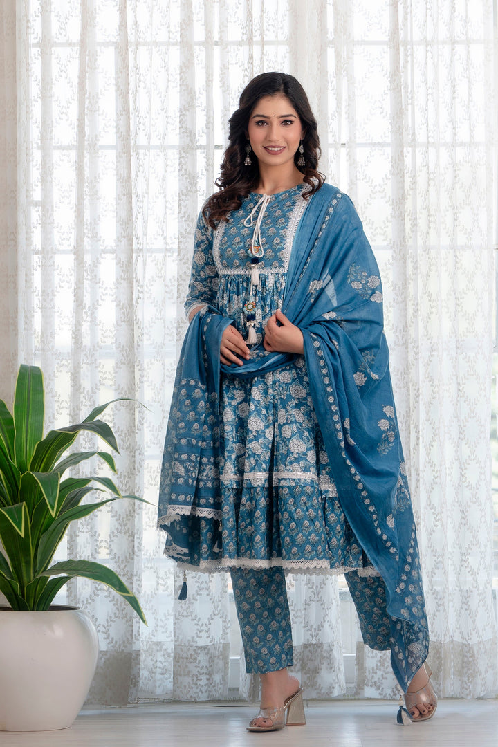 Blue-Cotton-Printed-Anarkali-Shape-3-Piece-Kurta-Set