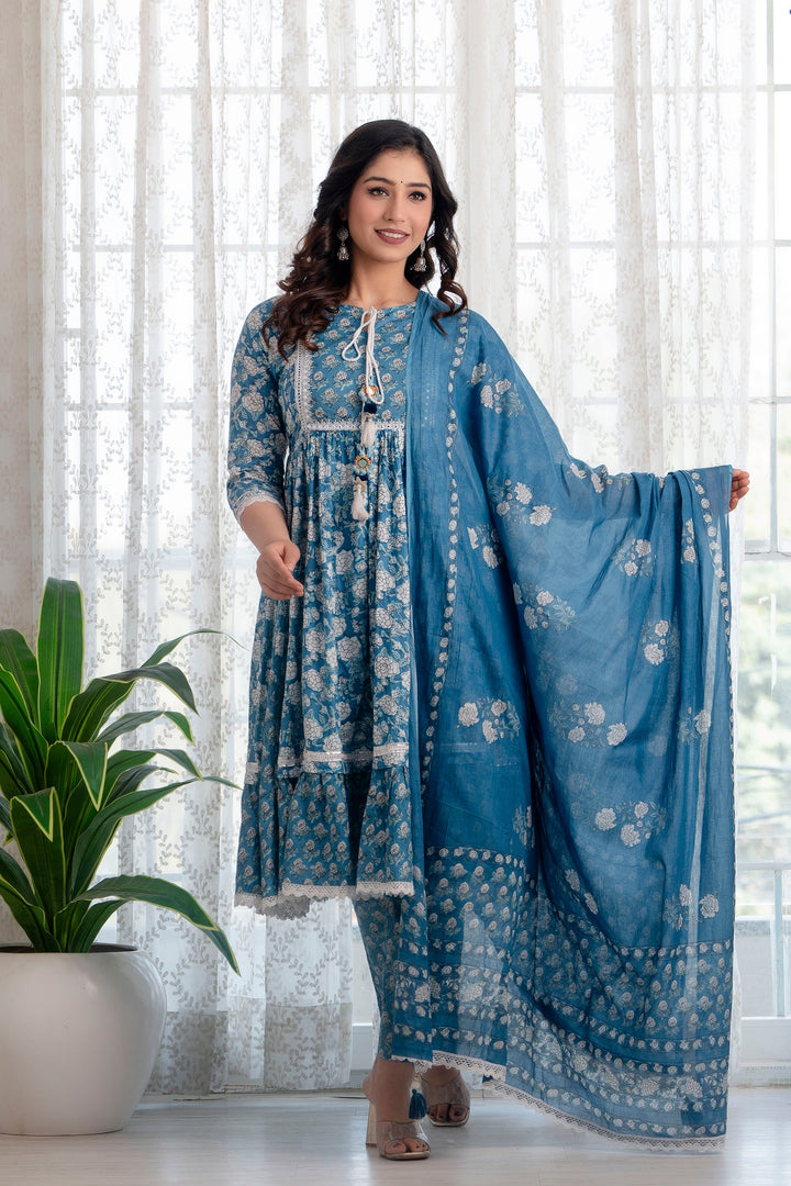 Blue-Cotton-Printed-Anarkali-Shape-3-Piece-Kurta-Set