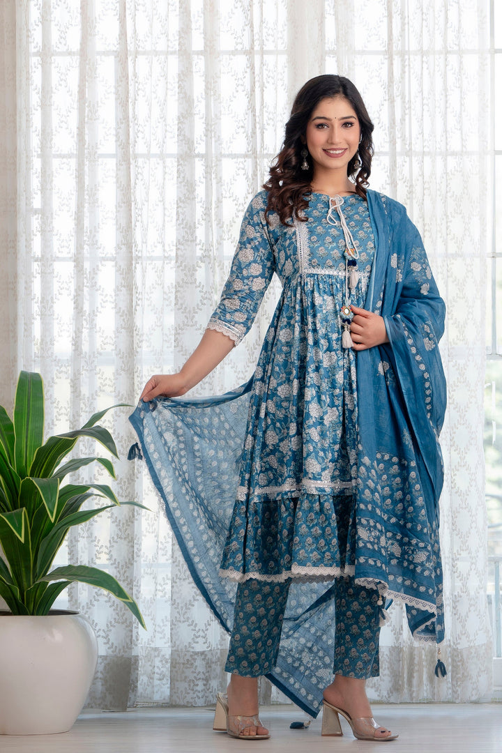 Blue-Cotton-Printed-Anarkali-Shape-3-Piece-Kurta-Set